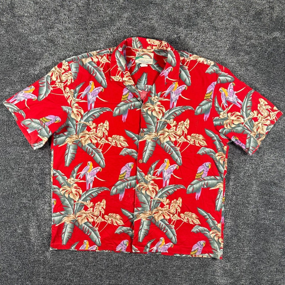 Paradise Found Shirt Mens XL Red Tropical Parrot Palm Magnum PI Distressed VTG